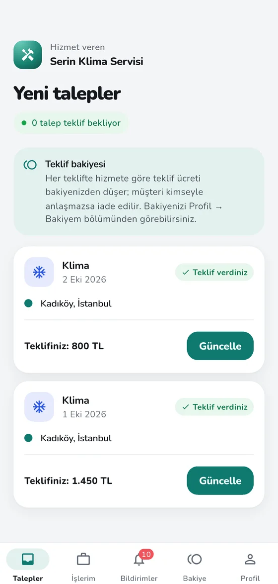 Senin Ekip uygulaması: hizmet veren talepleri
